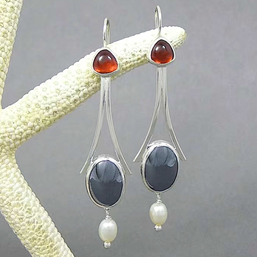 Silver Vintage Handmade Boho Geometric Stone Dangle Earrings